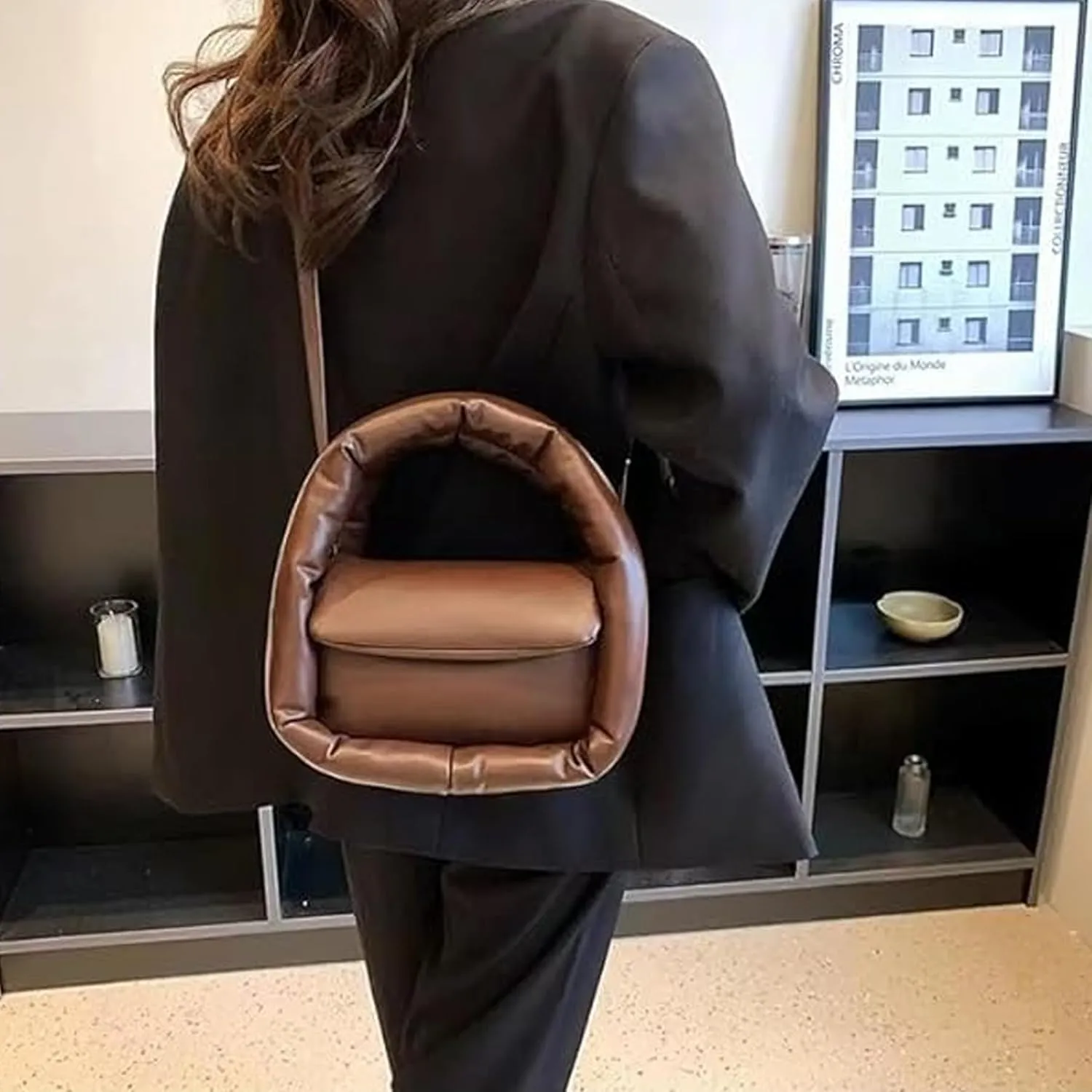 Medium Puffer Bag for Women Padded Pu Leather Satchel Bags Lightweight Top Handle Purses Shoulder Bag Crossbody Bag