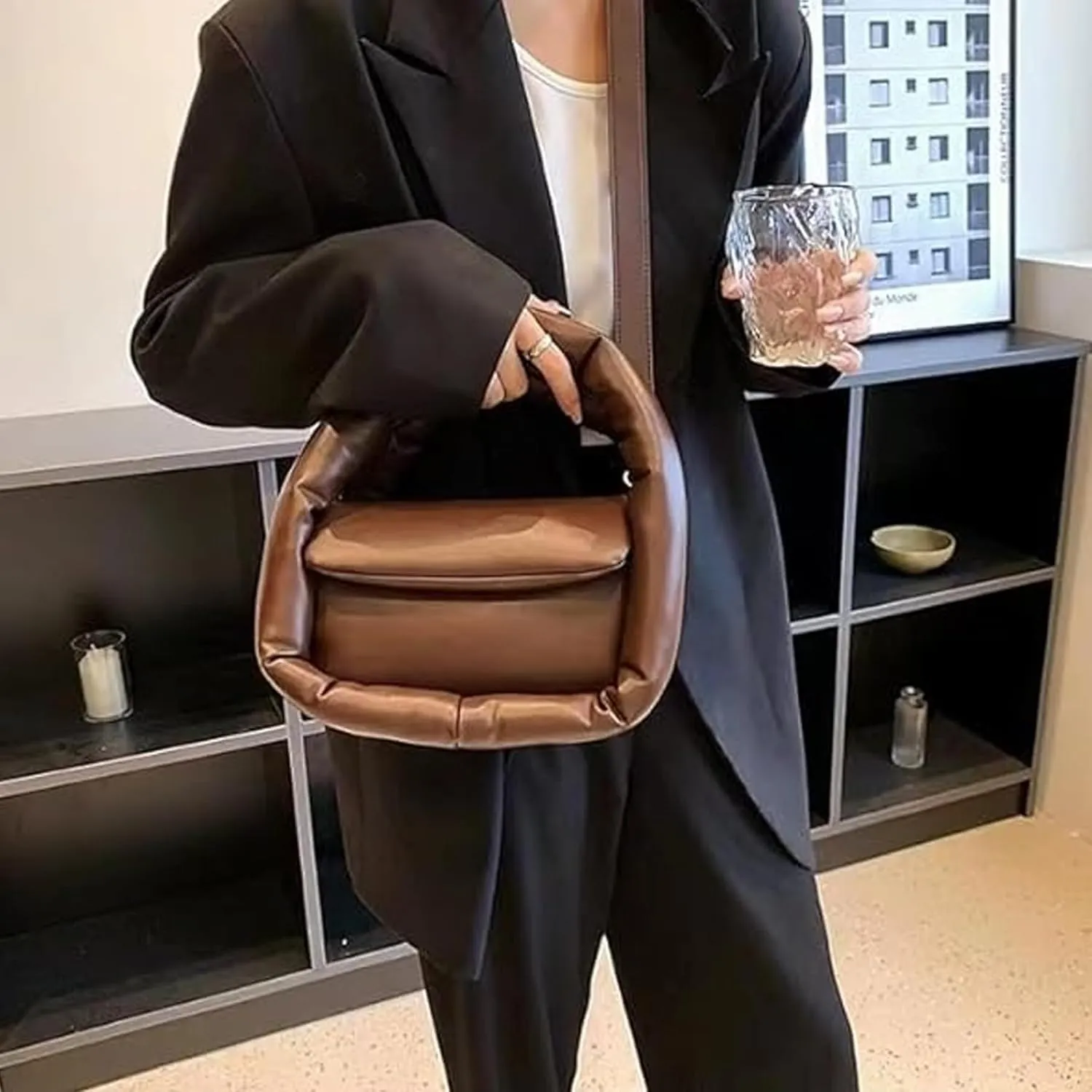 Medium Puffer Bag for Women Padded Pu Leather Satchel Bags Lightweight Top Handle Purses Shoulder Bag Crossbody Bag