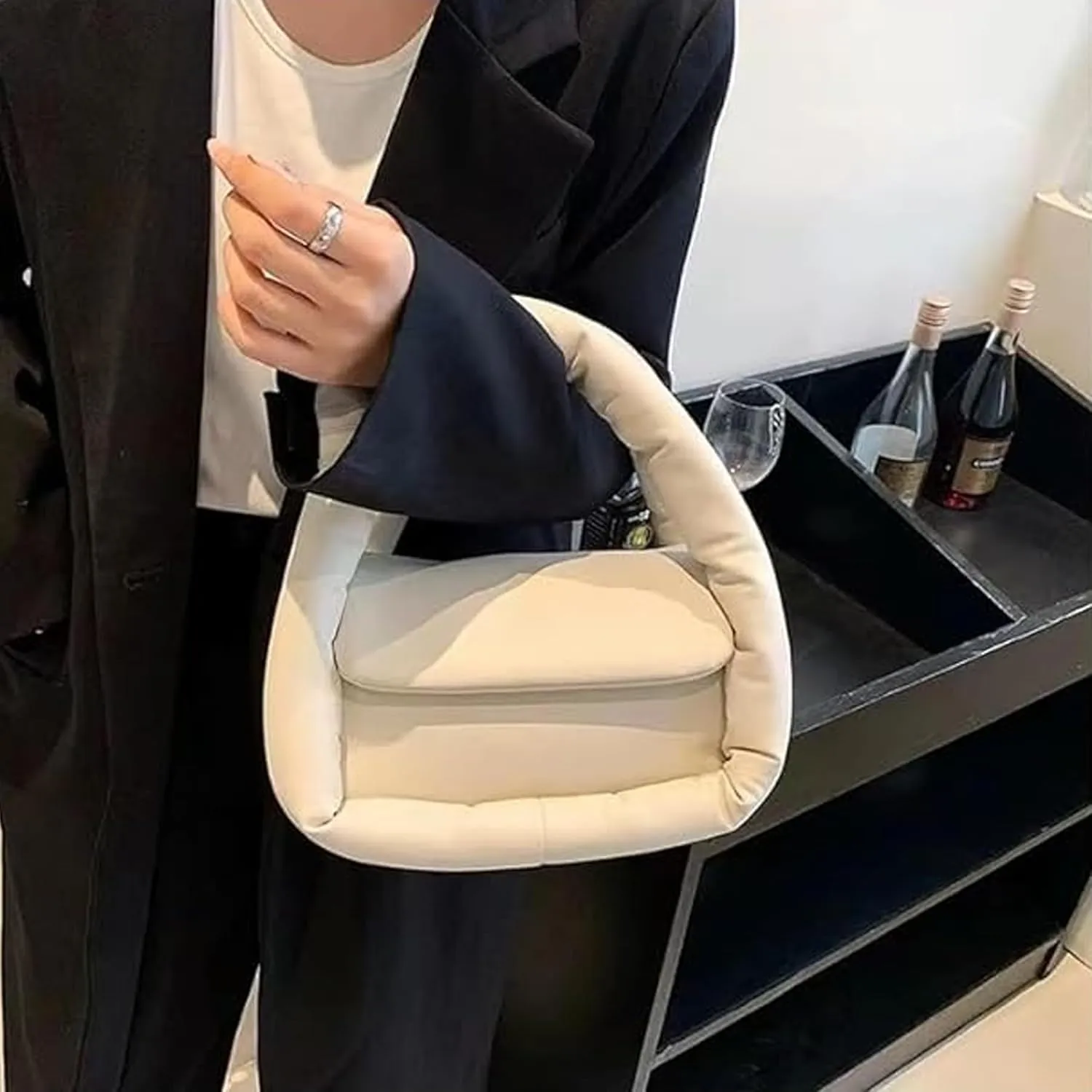 Medium Puffer Bag for Women Padded Pu Leather Satchel Bags Lightweight Top Handle Purses Shoulder Bag Crossbody Bag