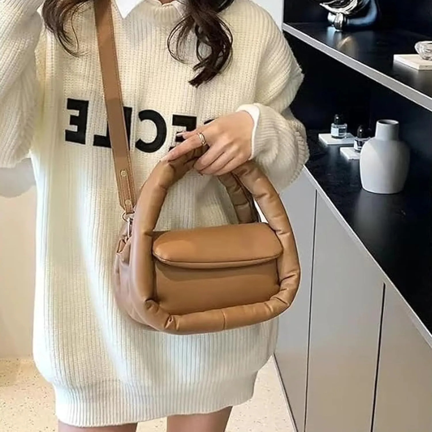 Medium Puffer Bag for Women Padded Pu Leather Satchel Bags Lightweight Top Handle Purses Shoulder Bag Crossbody Bag