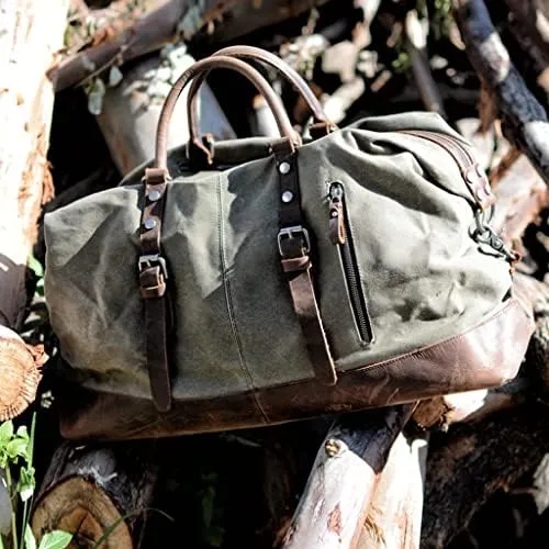 Men Travel Bags Hand Luggage Bags Canvas Leather Travel Duffel Bags Shoulder Bags Large Capacity Weekend Overnight (A)