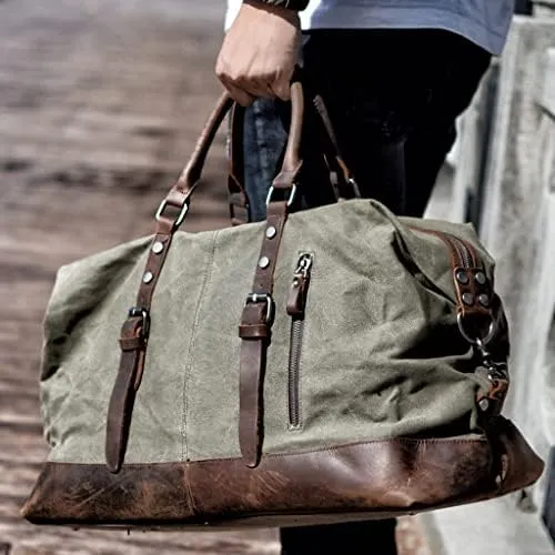 Men Travel Bags Hand Luggage Bags Canvas Leather Travel Duffel Bags Shoulder Bags Large Capacity Weekend Overnight (A)