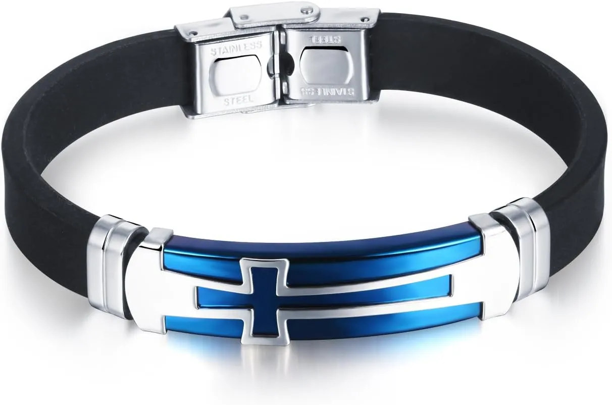 Men's Cross Bracelet Silicone Sport Wristband Confirmation Gift for Mens Bangle Bracelet 7.87 inch