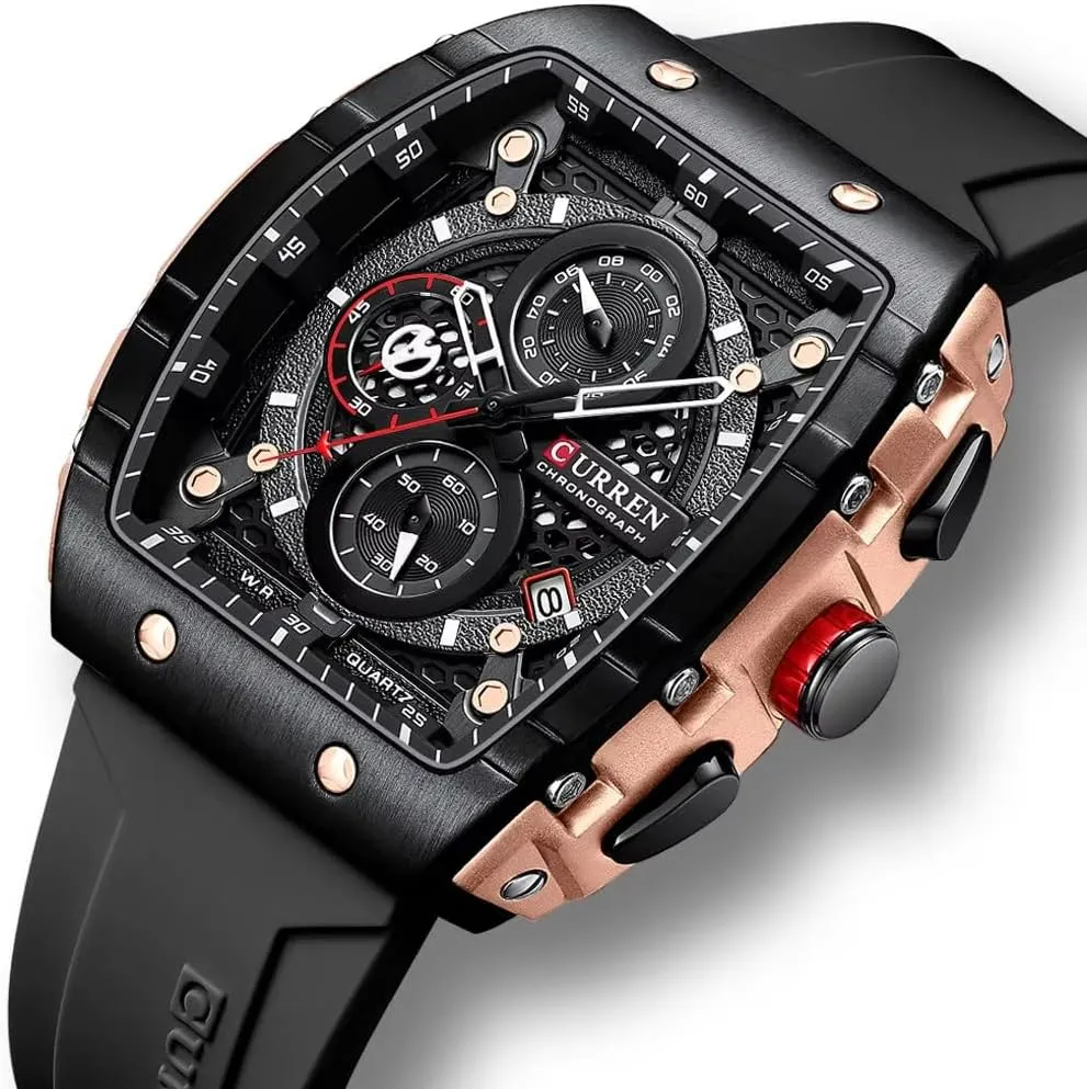 Men's Luxury Chronograph Watch Tonneau Waterproof Quartz Anaolog Date Display Silicone Strap Luminous Military Sports Outdoor Black White Watches for Men