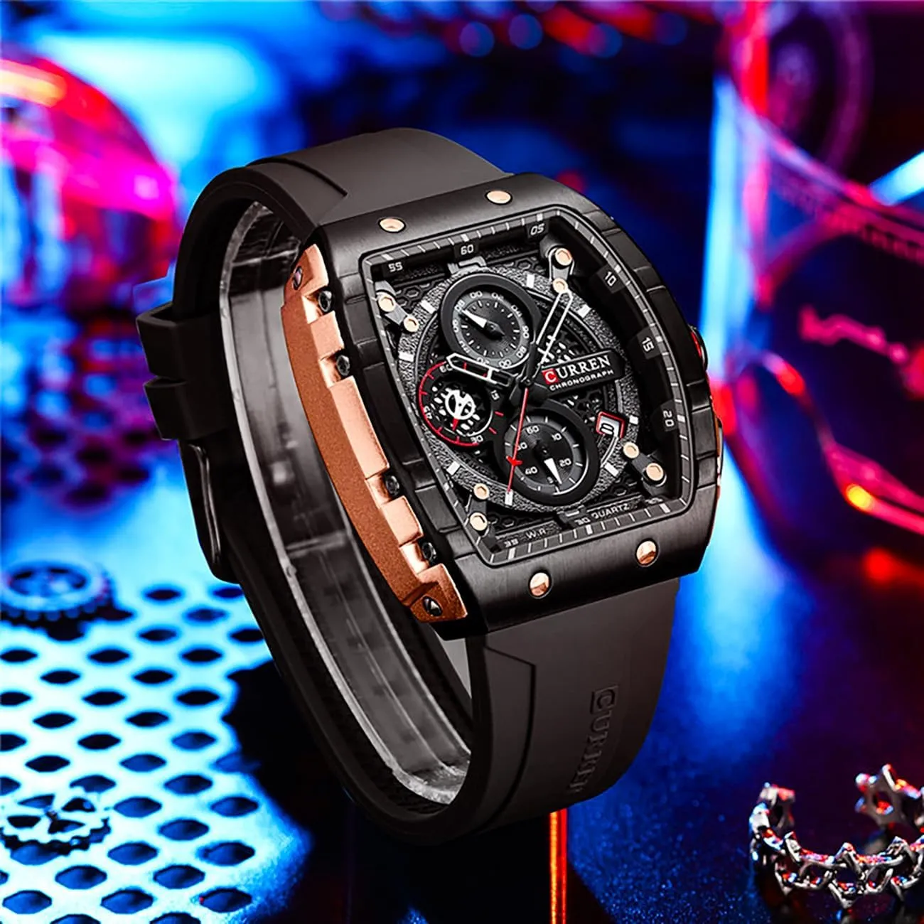 Men's Luxury Chronograph Watch Tonneau Waterproof Quartz Anaolog Date Display Silicone Strap Luminous Military Sports Outdoor Black White Watches for Men