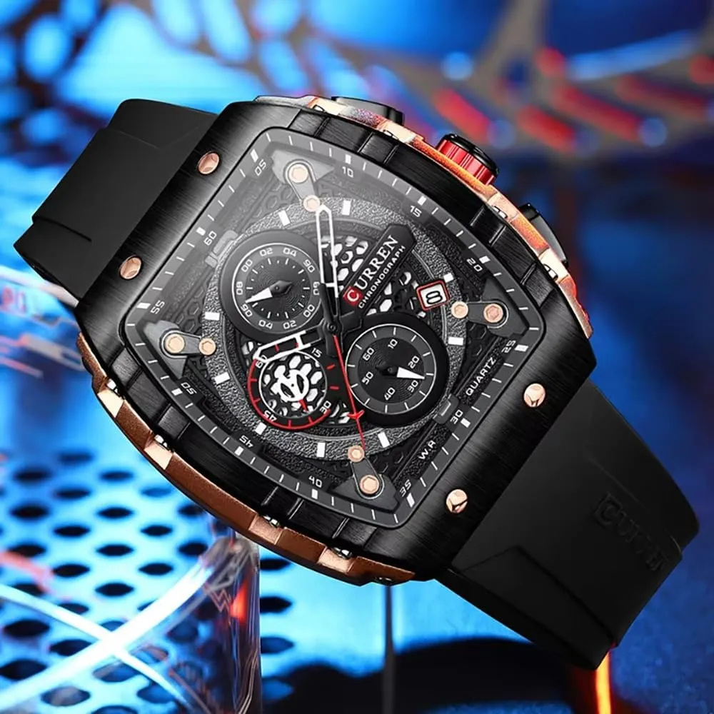 Men's Luxury Chronograph Watch Tonneau Waterproof Quartz Anaolog Date Display Silicone Strap Luminous Military Sports Outdoor Black White Watches for Men