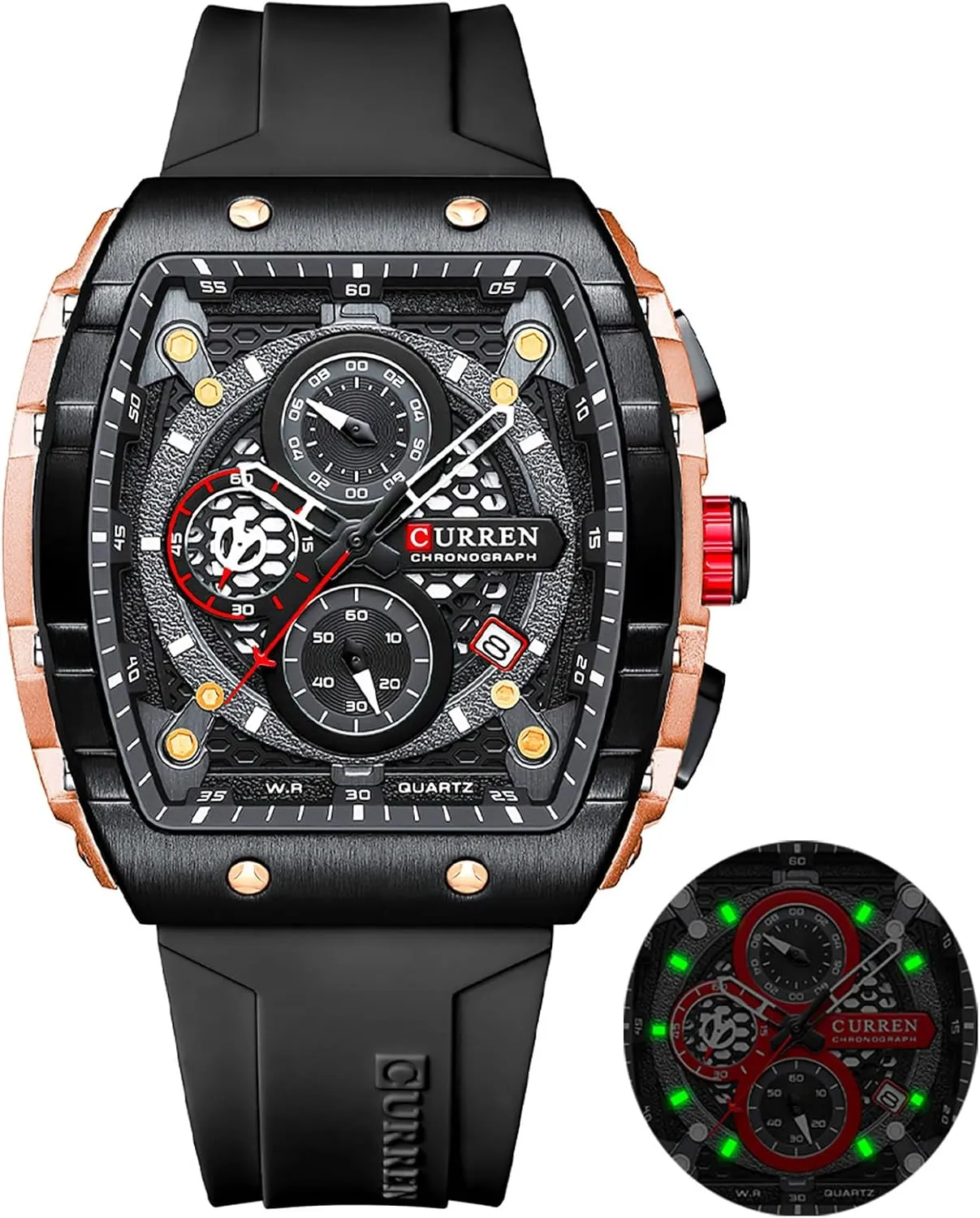Men's Luxury Chronograph Watch Tonneau Waterproof Quartz Anaolog Date Display Silicone Strap Luminous Military Sports Outdoor Black White Watches for Men