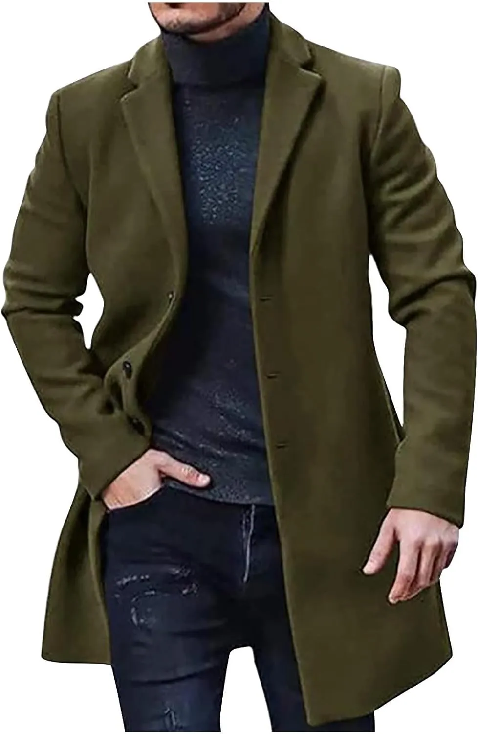 Mens Mid Long Trench Coat Slim Fit Winter Warm Soft Overcoats Single Breasted Outdoor Windbreaker Business Overcoats
