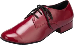 Mens Soft Leather Jazz Shoes Modern Latin Lace-up Closed Toe 4CM Standard Dance Shoes, Red, 8