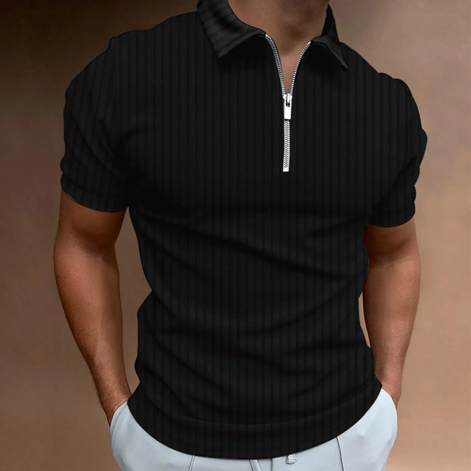 Mens Zip Up Vintage Polo Shirt Short Sleeve Stripe Classic Moisture Wicking Golf Tennis Shirts Casual Workout Tee Tops