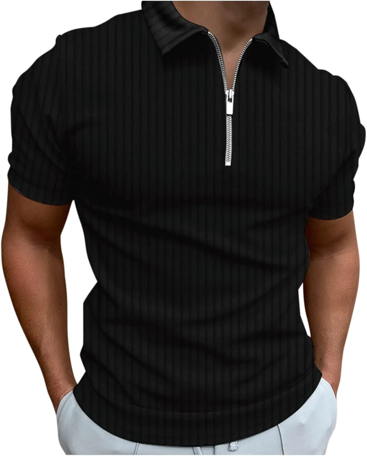 Mens Zip Up Vintage Polo Shirt Short Sleeve Stripe Classic Moisture Wicking Golf Tennis Shirts Casual Workout Tee Tops