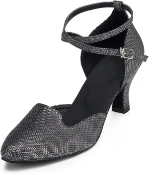 Misu Women's Closed Toe Suede Sole Latin Salsa Tango Practice Ballroom Dance Shoes with 2.7" Heel,Black Glitter,5.5 B(M) US