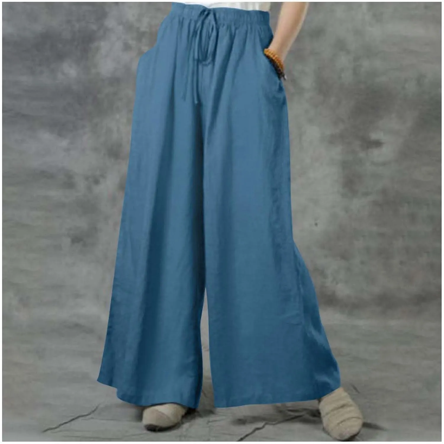 MLAFE Summer Linen Blend Wide Leg Pants Women' s Culottes Elastic Waist Casual Palazzo Trousers Solid Casual Loose Pantalon