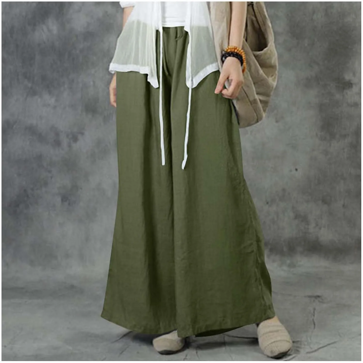 MLAFE Summer Linen Blend Wide Leg Pants Women' s Culottes Elastic Waist Casual Palazzo Trousers Solid Casual Loose Pantalon