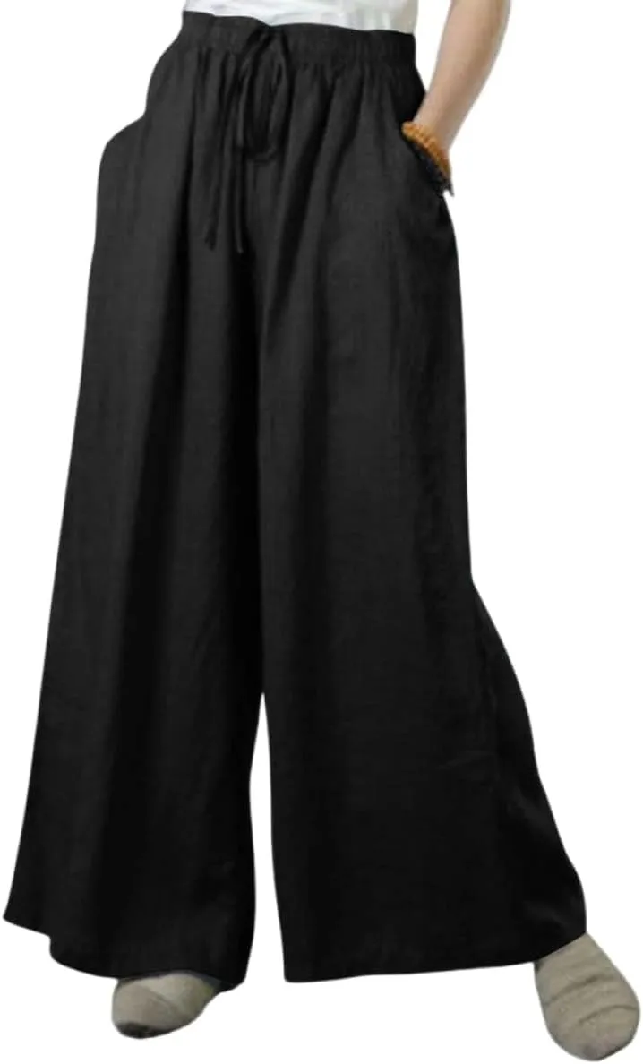 MLAFE Summer Linen Blend Wide Leg Pants Women' s Culottes Elastic Waist Casual Palazzo Trousers Solid Casual Loose Pantalon