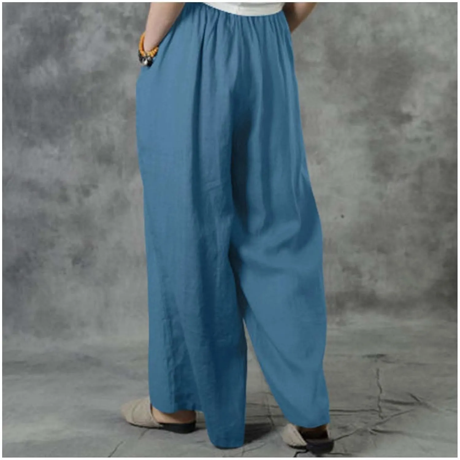 MLAFE Summer Linen Blend Wide Leg Pants Women' s Culottes Elastic Waist Casual Palazzo Trousers Solid Casual Loose Pantalon