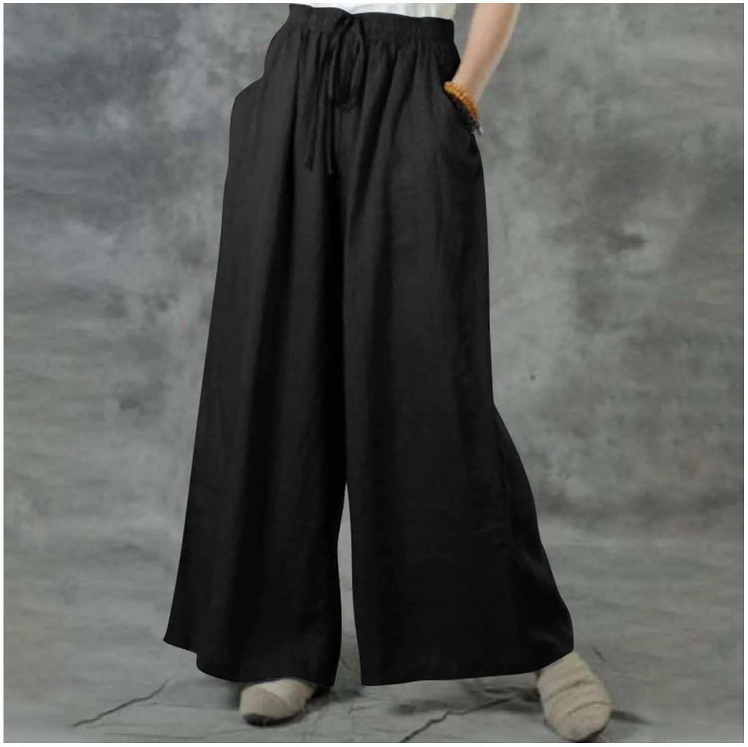MLAFE Summer Linen Blend Wide Leg Pants Women' s Culottes Elastic Waist Casual Palazzo Trousers Solid Casual Loose Pantalon