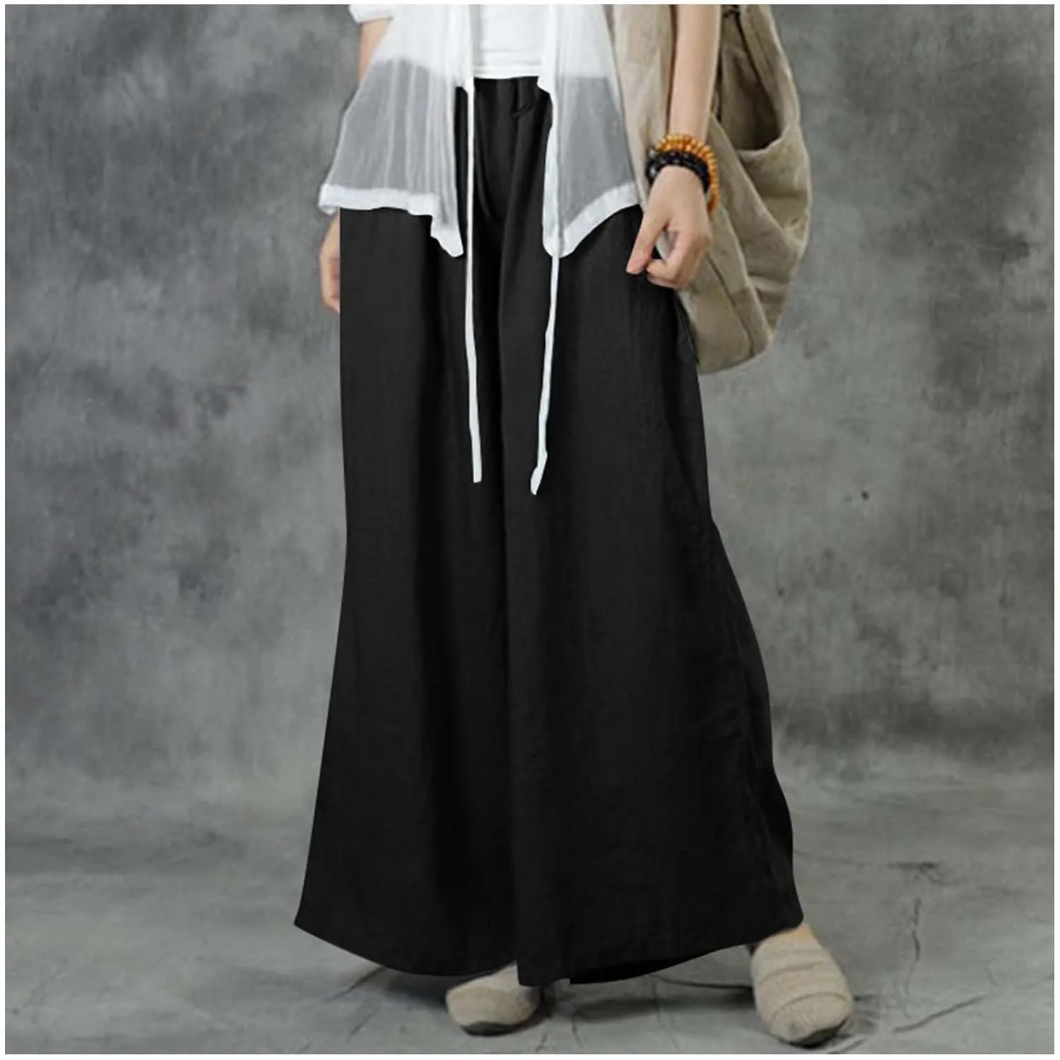 MLAFE Summer Linen Blend Wide Leg Pants Women' s Culottes Elastic Waist Casual Palazzo Trousers Solid Casual Loose Pantalon
