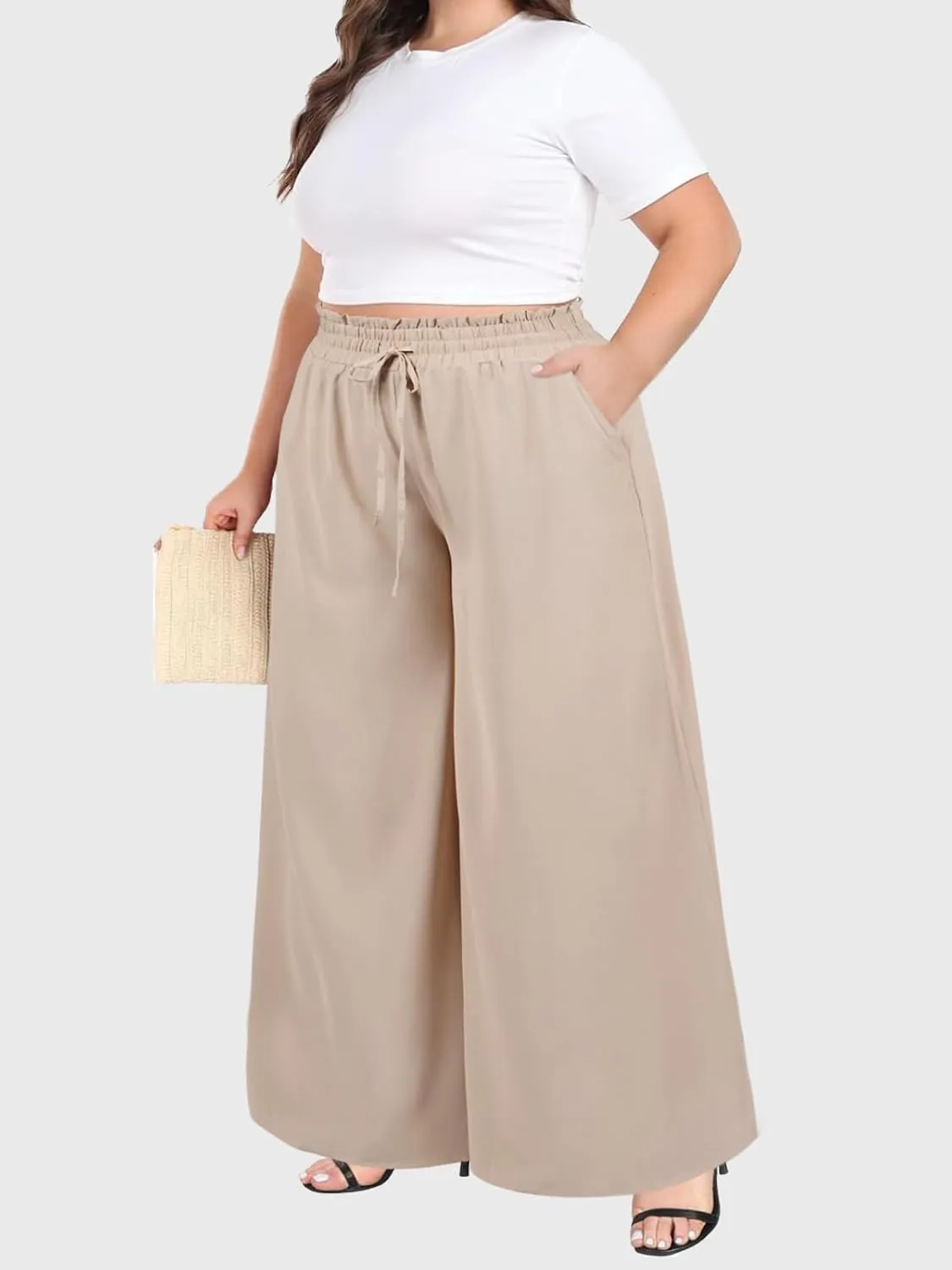 Moon Wood Wide Leg Pants Woman Plus Size Flowy Palazzo Pants Loose Culottes Summer Casual Lounge Trousers with Pockets