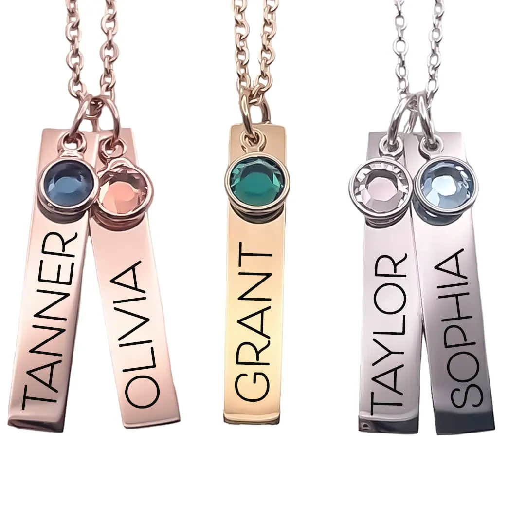 Mothers Day Gift - Personalized Bar Necklace - Custom Engraving - Name Pendants - Birthstone Crystal - Mommy Grandma Nana Wife Sister Friend