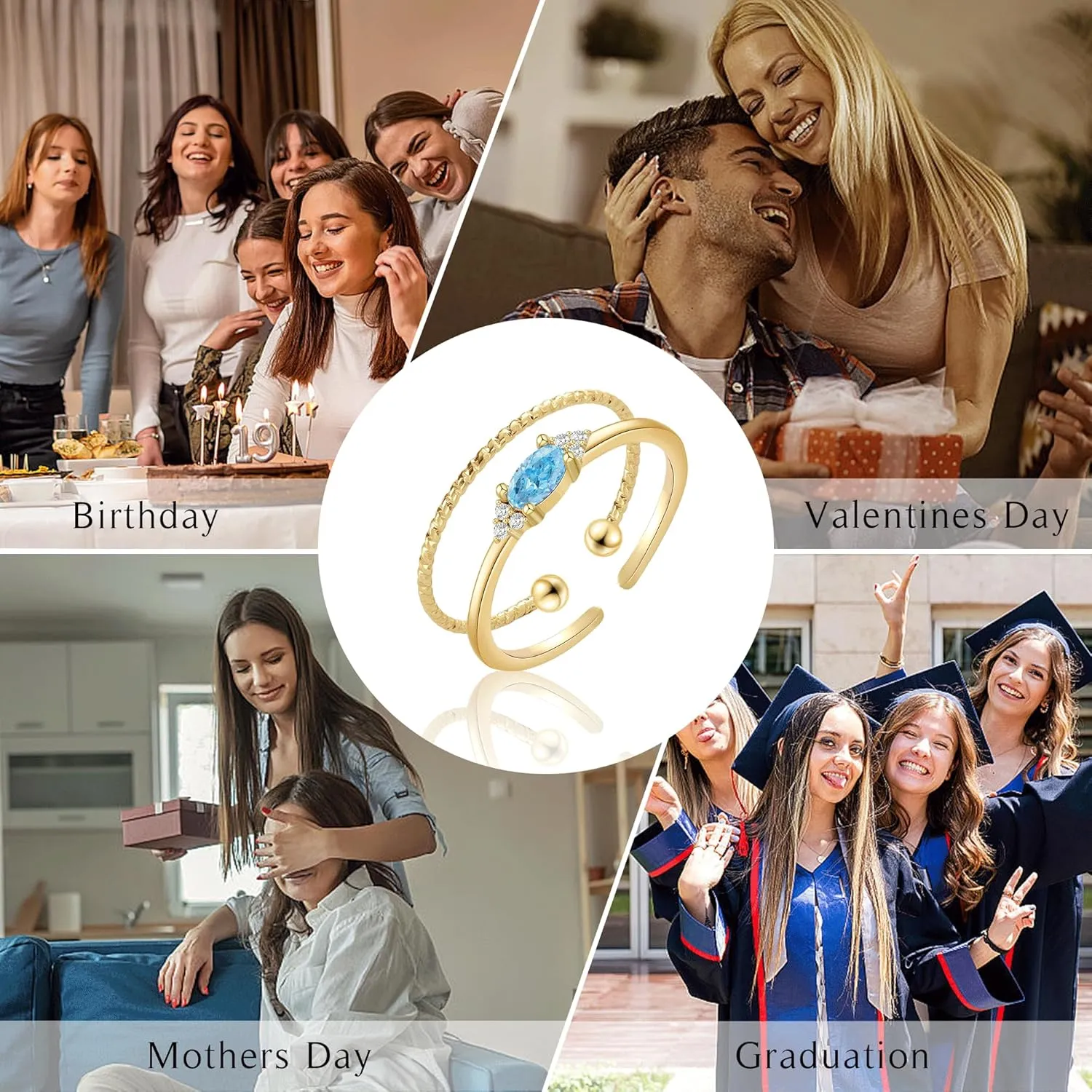 Mothers Day Gifts for Daughter Mom, Birthstone Rings for Women Non Tarnish Gold Rings Birthday Gifts Dainty Adjustable 1-12 Months Promise Ring Graduation Gift for Her Girlfriend Christmas Jewelry