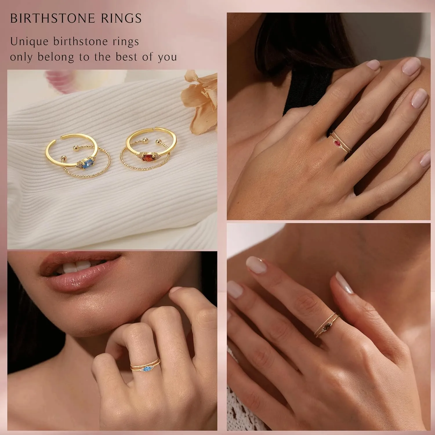 Mothers Day Gifts for Daughter Mom, Birthstone Rings for Women Non Tarnish Gold Rings Birthday Gifts Dainty Adjustable 1-12 Months Promise Ring Graduation Gift for Her Girlfriend Christmas Jewelry