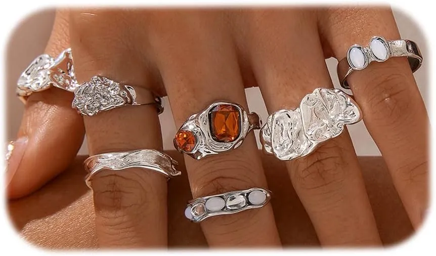 MYANAIL 7 Pairs Irregular Ring Set for Women Gold Silver Vintage Knuckle Ring Set Fashion Crystal Adjustable Finger Ring Jewelry Thick Stacking Open Ring