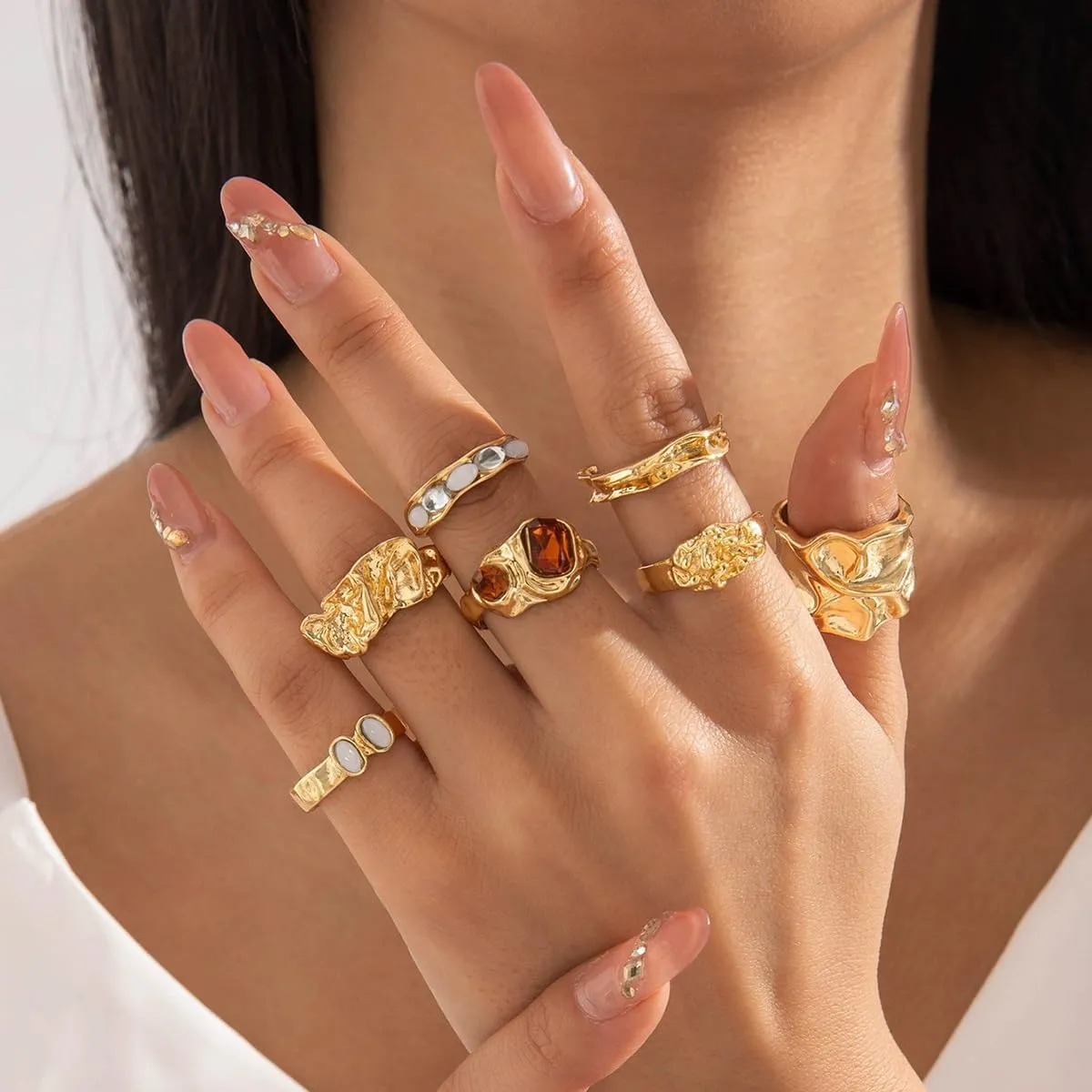 MYANAIL 7 Pairs Irregular Ring Set for Women Gold Silver Vintage Knuckle Ring Set Fashion Crystal Adjustable Finger Ring Jewelry Thick Stacking Open Ring