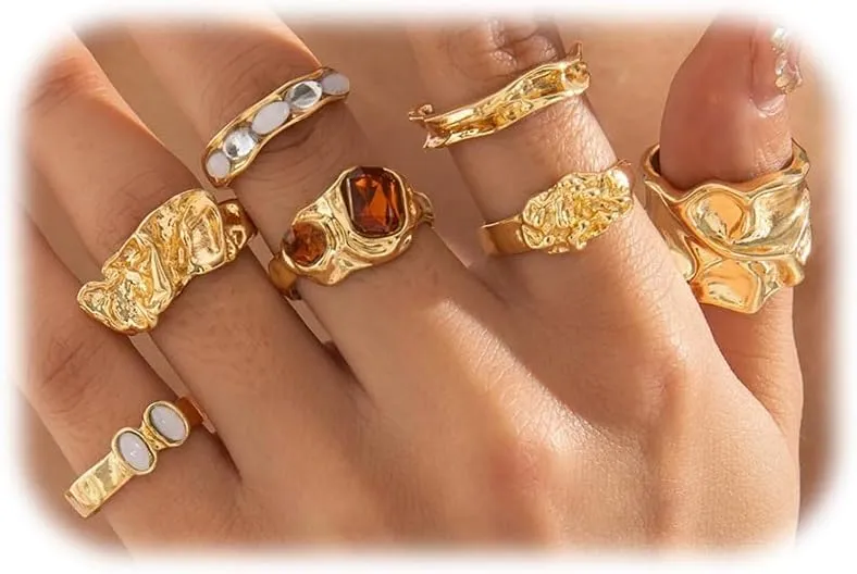 MYANAIL 7 Pairs Irregular Ring Set for Women Gold Silver Vintage Knuckle Ring Set Fashion Crystal Adjustable Finger Ring Jewelry Thick Stacking Open Ring