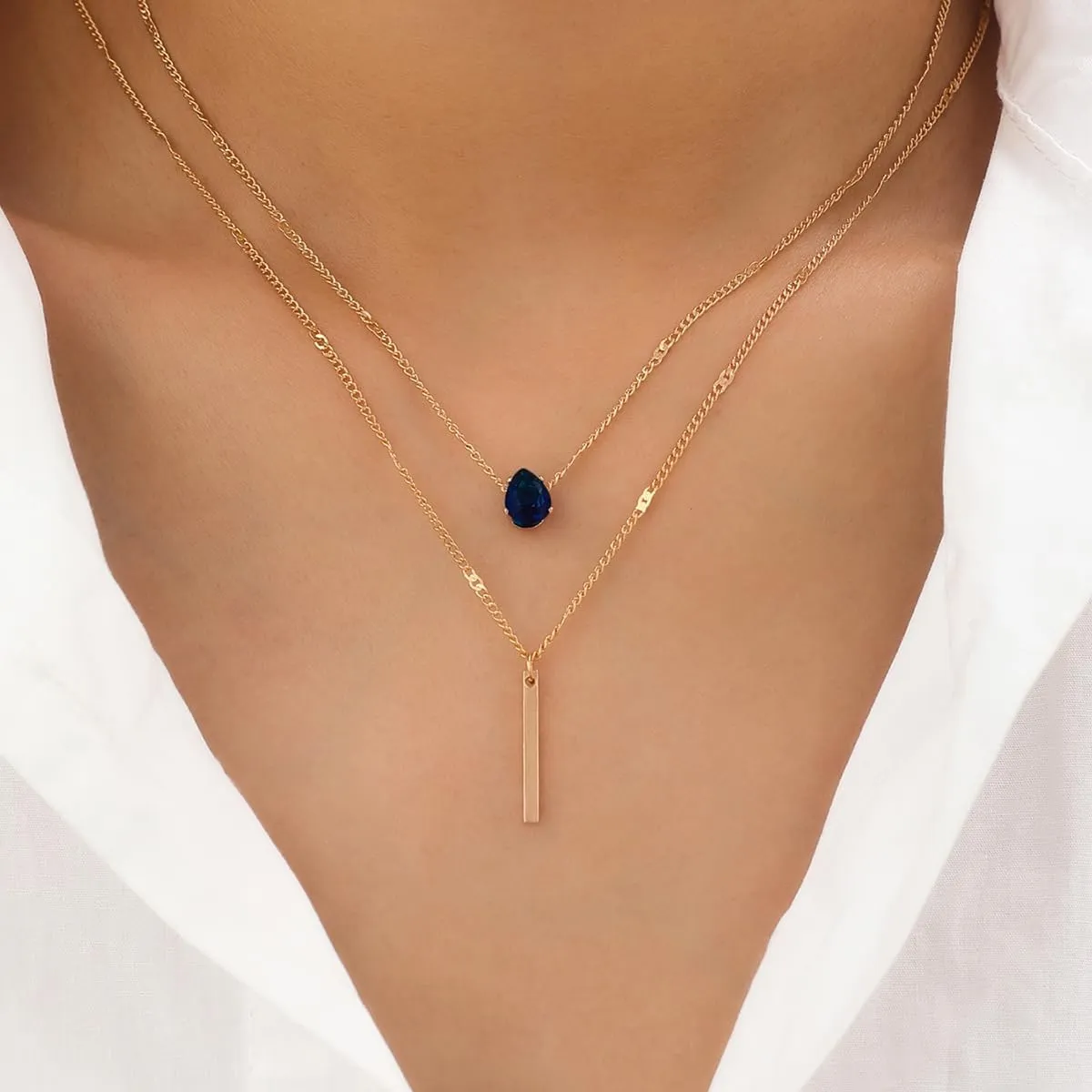 MYANAIL Double Layered Drop Shaped Crystal Pendant Necklace for Women 14k Gold Strip Bar Choker Clavicle Necklace Jewelry