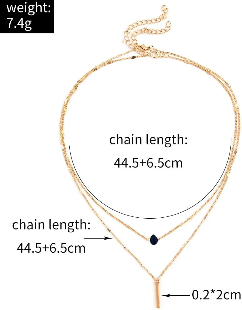 MYANAIL Double Layered Drop Shaped Crystal Pendant Necklace for Women 14k Gold Strip Bar Choker Clavicle Necklace Jewelry