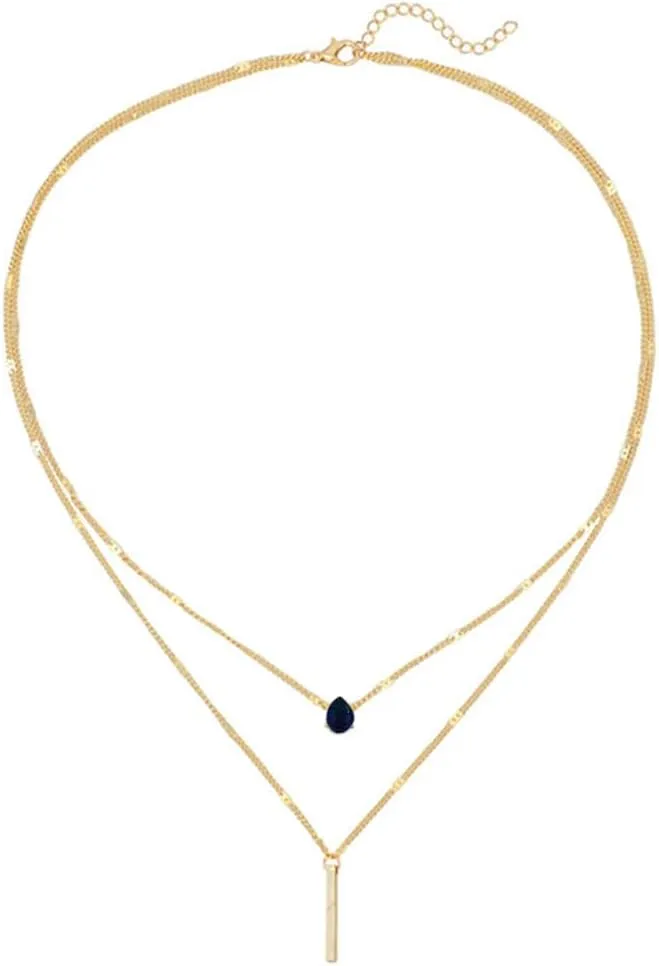 MYANAIL Double Layered Drop Shaped Crystal Pendant Necklace for Women 14k Gold Strip Bar Choker Clavicle Necklace Jewelry
