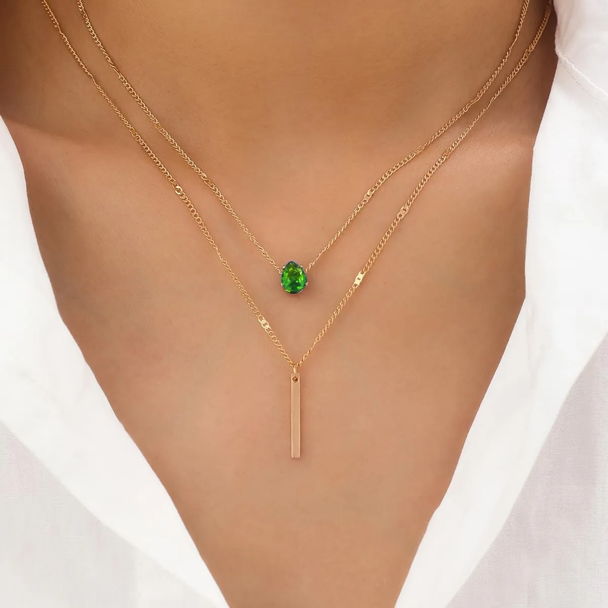MYANAIL Double Layered Drop Shaped Crystal Pendant Necklace for Women 14k Gold Strip Bar Choker Clavicle Necklace Jewelry