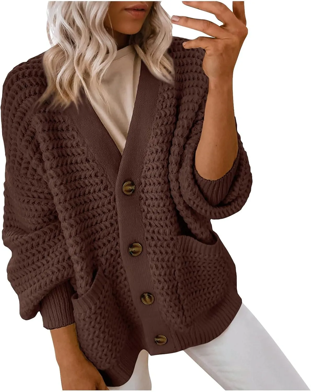 Mzkdieey Women's Chunky Knit Cardigans Sweater 2024 Fashion Casual Open Front Long Sleeve V Neck Button Up Outerwear Coats