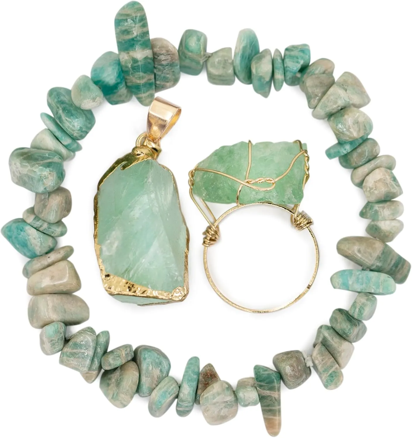 Natural Crystal Stone Bracelet with Healing Pendant Necklace Set Raw Stone Gemstone Gold Plated Open Adjustable Ring for Women's Jewelry Gift