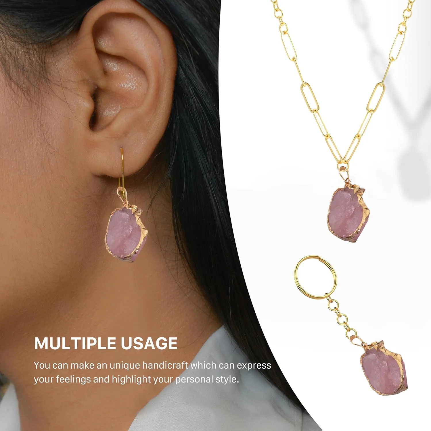 Natural Crystal Stone Bracelet with Healing Pendant Necklace Set Raw Stone Gemstone Gold Plated Open Adjustable Ring for Women's Jewelry Gift