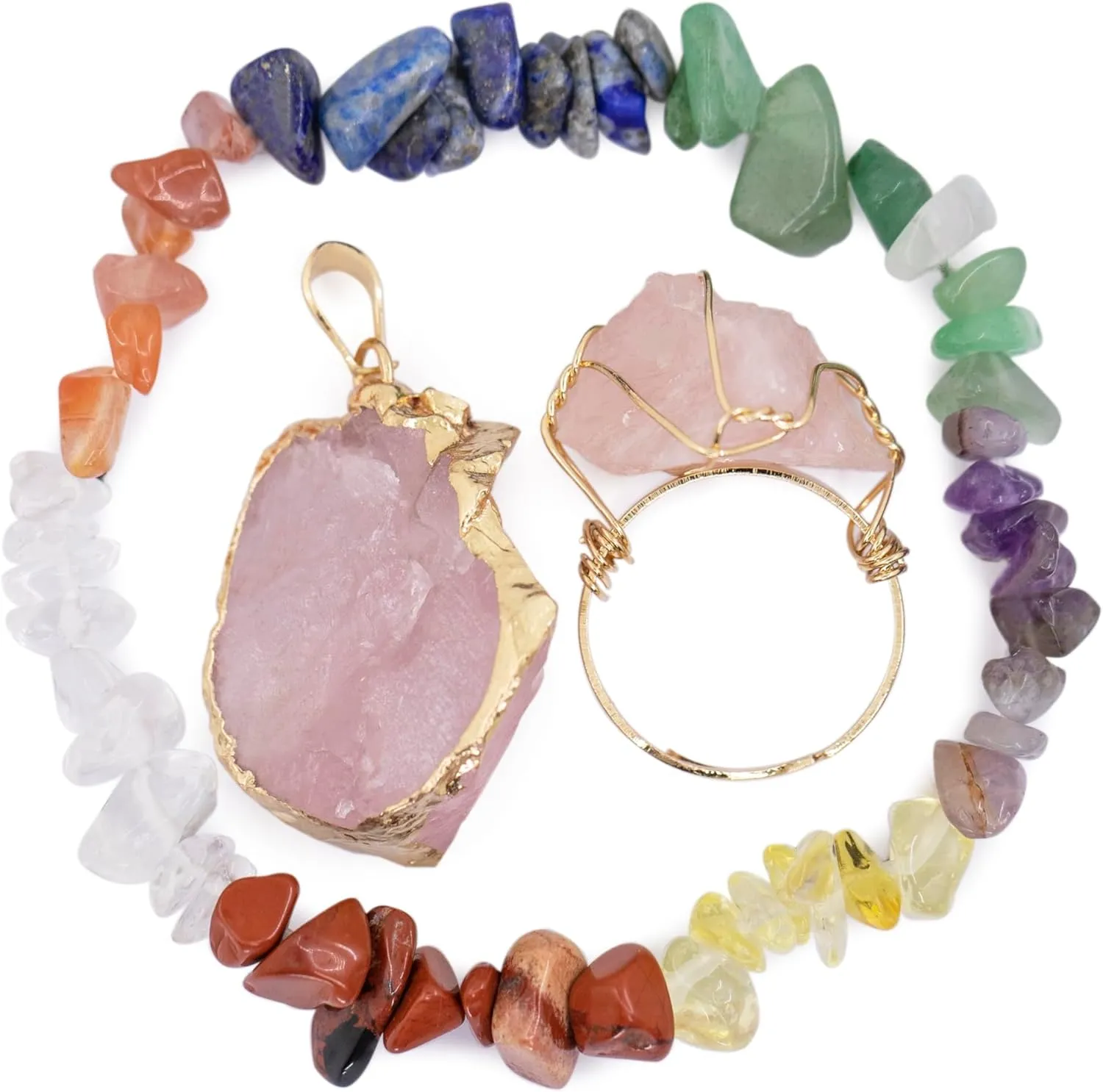 Natural Crystal Stone Bracelet with Healing Pendant Necklace Set Raw Stone Gemstone Gold Plated Open Adjustable Ring for Women's Jewelry Gift