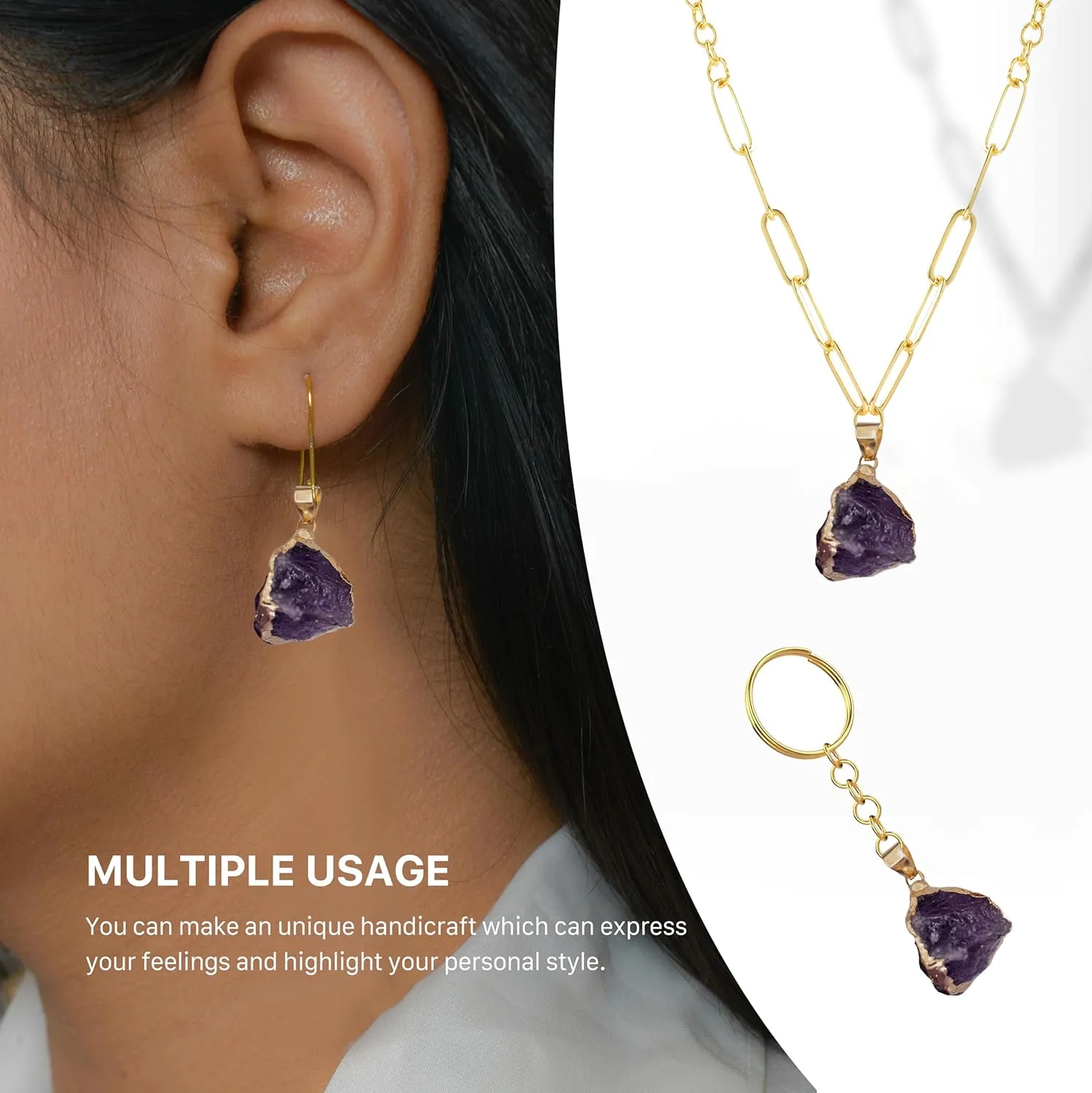 Natural Crystal Stone Bracelet with Healing Pendant Necklace Set Raw Stone Gemstone Gold Plated Open Adjustable Ring for Women's Jewelry Gift