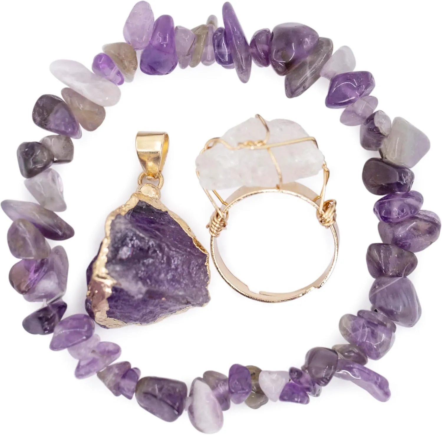 Natural Crystal Stone Bracelet with Healing Pendant Necklace Set Raw Stone Gemstone Gold Plated Open Adjustable Ring for Women's Jewelry Gift