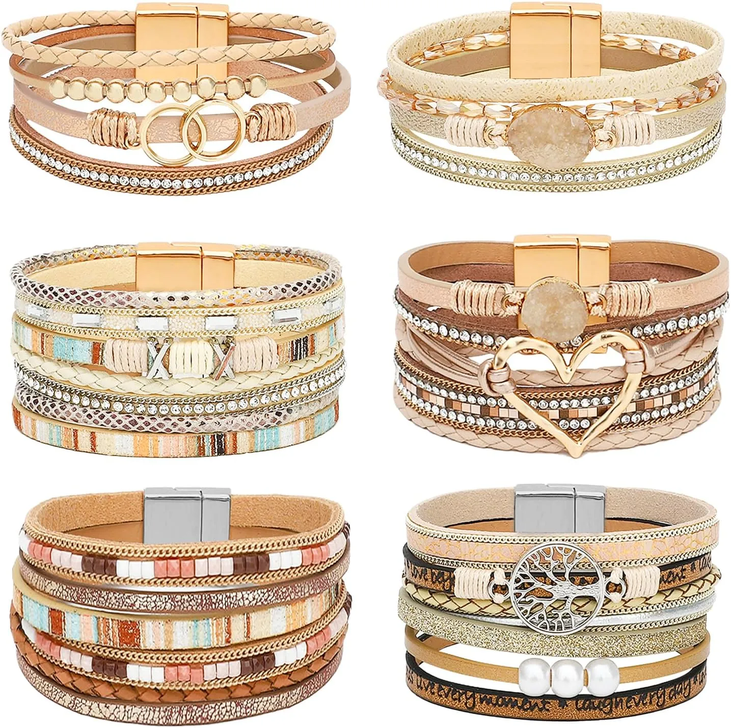 NEWITIN 6 Pieces Turquoise Bohemian Bracelet for Women Leather Cuff Bracelet Western Multilayer Bracelets Turquoise Wristbands for Women Men