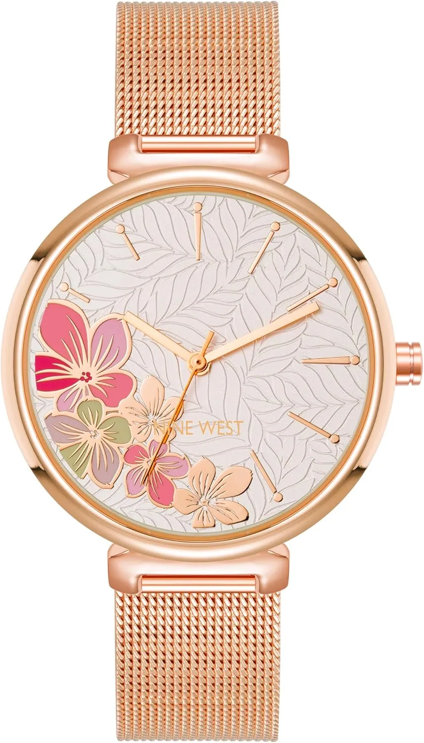 Nine West Women's Floral Dial Mesh Bracelet Watch