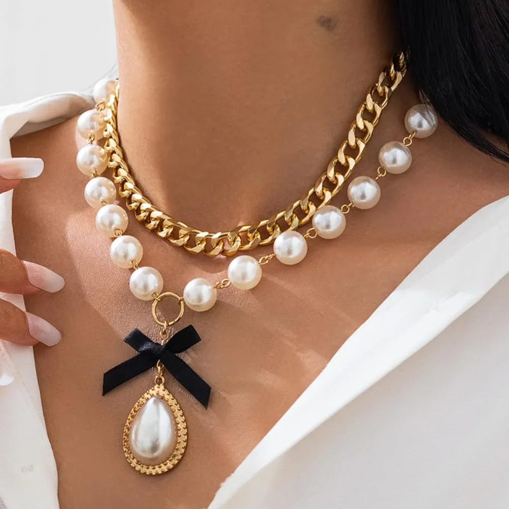 Octwine 2 Tier 1920s Women Gold Silver Layered Pearls Choker Necklaces Trendy Retro Pearls Pendant Gold Necklace Dainty Black Bow Necklace Chunky Punk Bar Sexy Choker Necklaces for Women