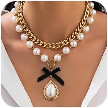 Octwine 2 Tier 1920s Women Gold Silver Layered Pearls Choker Necklaces Trendy Retro Pearls Pendant Gold Necklace Dainty Black Bow Necklace Chunky Punk Bar Sexy Choker Necklaces for Women