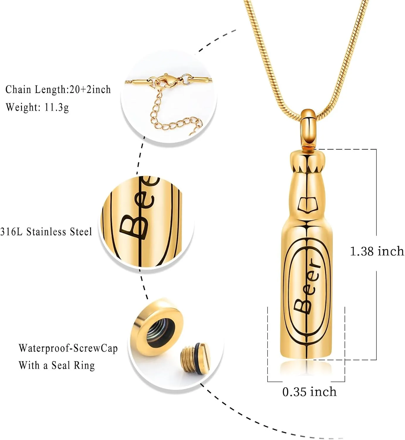 Oinsi Beer Bottle Cremation Jewelry for Ashes Stainless Steel Cylinder Tube Memorial Urn Necklace Keepsake Pendant Jewelry for Human Ashes with Filling Kits