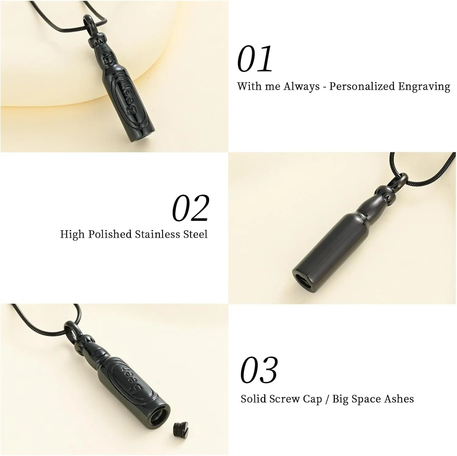 Oinsi Beer Bottle Cremation Jewelry for Ashes Stainless Steel Cylinder Tube Memorial Urn Necklace Keepsake Pendant Jewelry for Human Ashes with Filling Kits