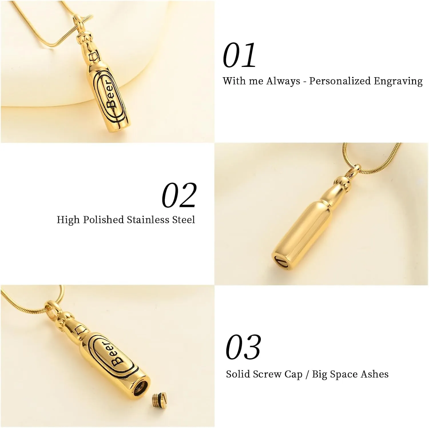 Oinsi Beer Bottle Cremation Jewelry for Ashes Stainless Steel Cylinder Tube Memorial Urn Necklace Keepsake Pendant Jewelry for Human Ashes with Filling Kits