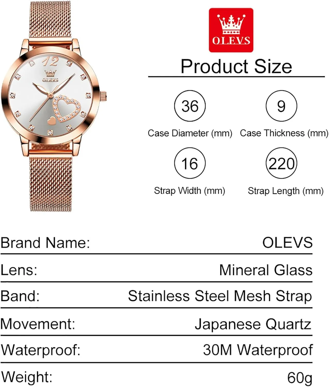 OLEVS Women's Small Wrist Rose Gold Tone Watch - Cute Diamond Heart Arabic Numerals Dial, Fashion Waterproof Mesh Bracelet Analog Dress for Ladies