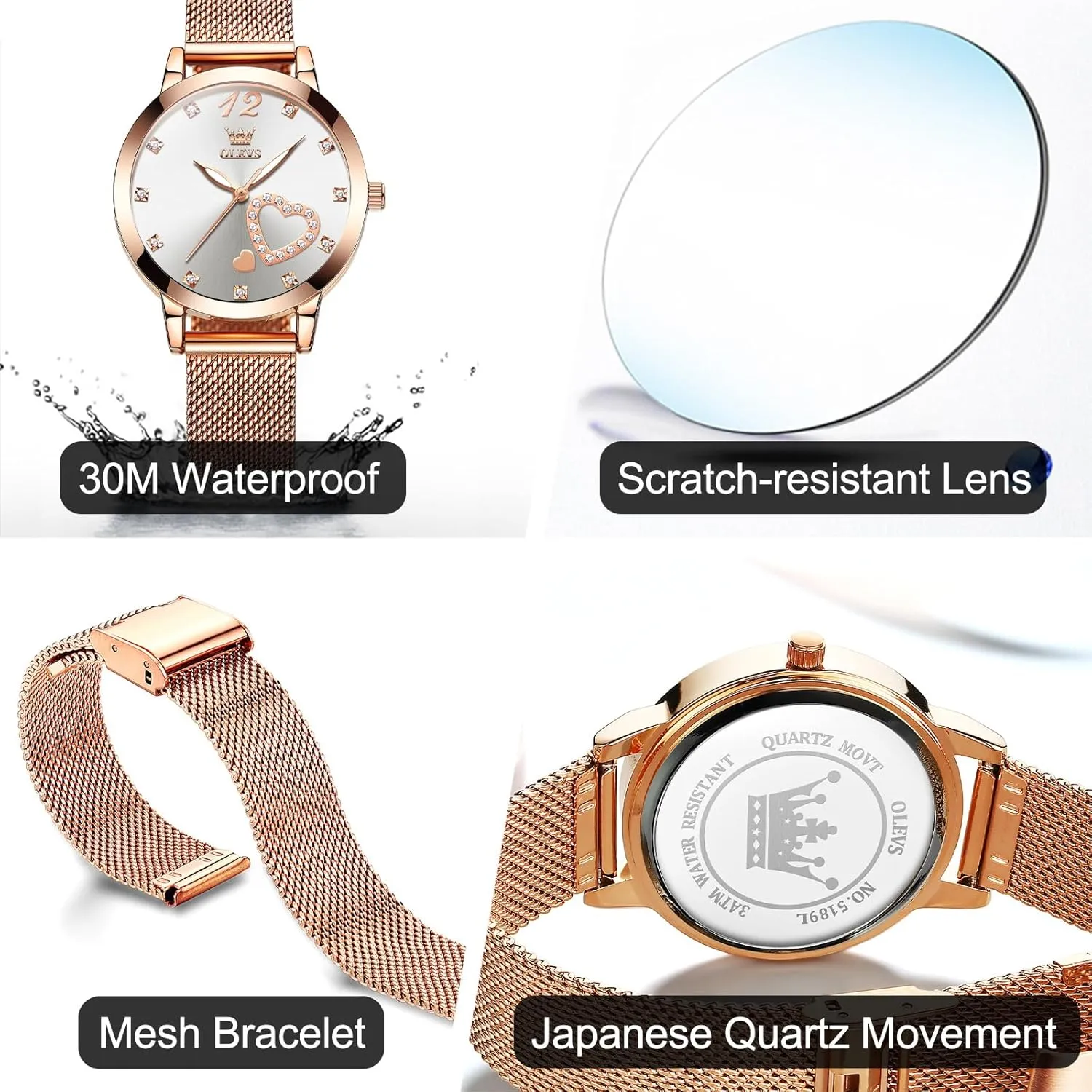 OLEVS Women's Small Wrist Rose Gold Tone Watch - Cute Diamond Heart Arabic Numerals Dial, Fashion Waterproof Mesh Bracelet Analog Dress for Ladies
