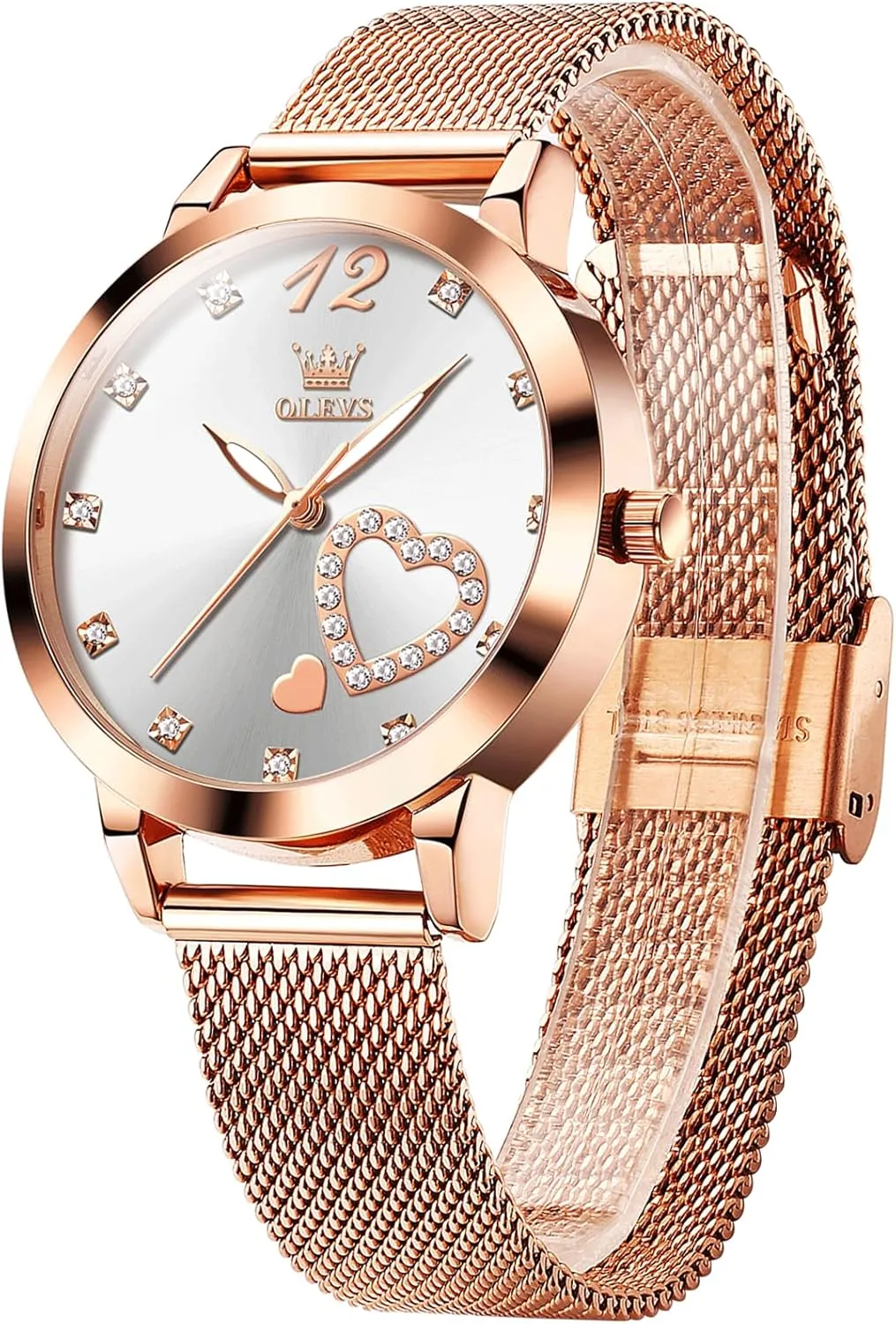 OLEVS Women's Small Wrist Rose Gold Tone Watch - Cute Diamond Heart Arabic Numerals Dial, Fashion Waterproof Mesh Bracelet Analog Dress for Ladies