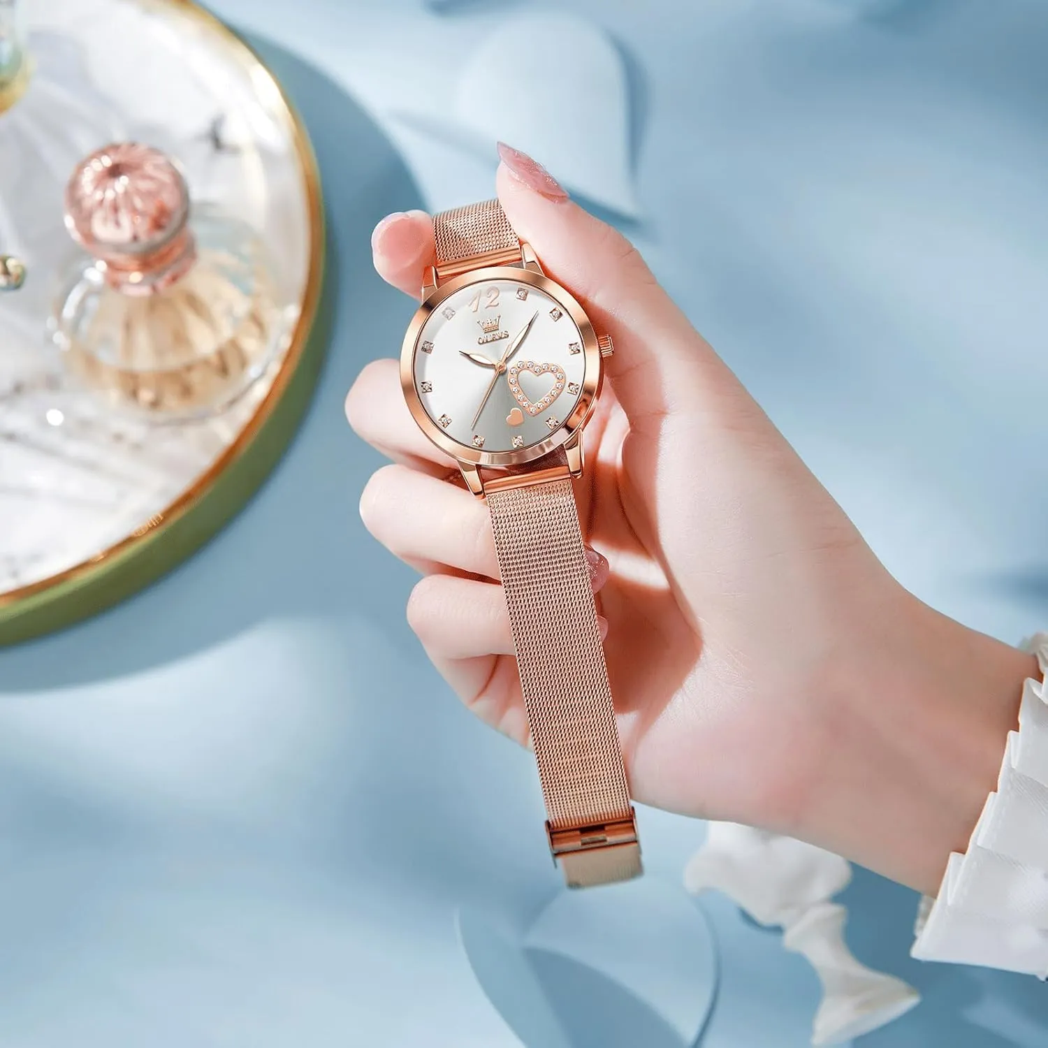 OLEVS Women's Small Wrist Rose Gold Tone Watch - Cute Diamond Heart Arabic Numerals Dial, Fashion Waterproof Mesh Bracelet Analog Dress for Ladies